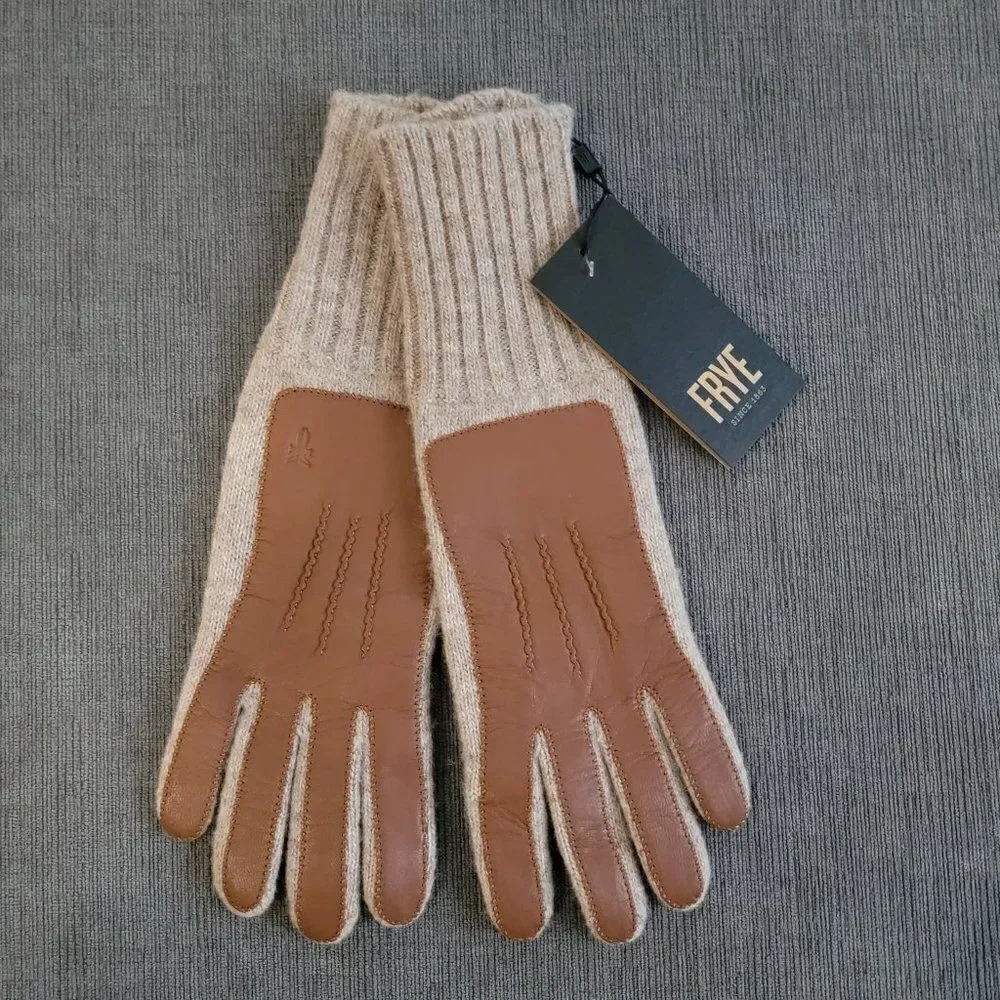 Frye Leather Patch Long Knit Wool Gloves Logo Cognac Brown Tan Size L/XL